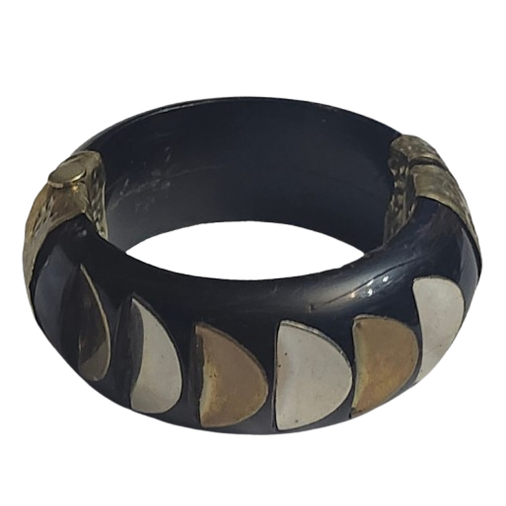 Vtg Brass Horn ? Pull Pin Thick Bangle Bracelet
